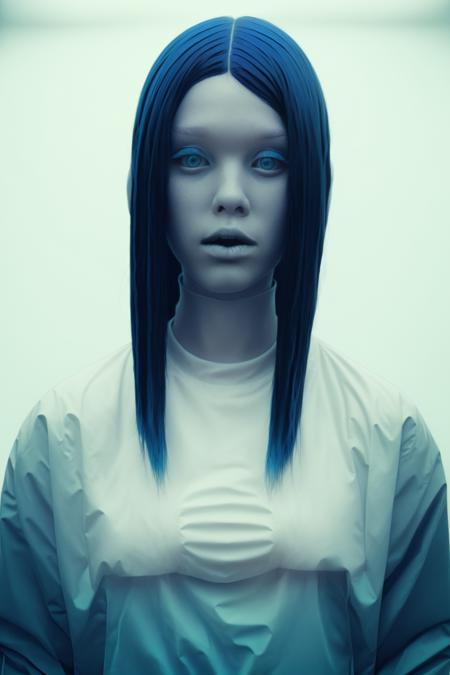 a woman with blue hair wearing a white jacket , beyond_the_black_rainbow