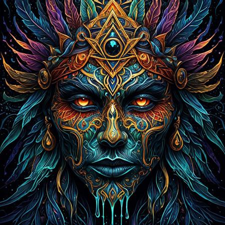 Finely detailed vector illustration. occult symbols, symbols of power,, close-up of face, ultra realistic quality, interwoven pattern, dark gradient background, hyperdetailed, intricately detailed,  triadic colors,fantastical,intricate detail,splash screen,complementary colors, fantasy concept art, 8k resolution, masterpiece, oil painting, thick strokes, paint dripping, vapors, glow