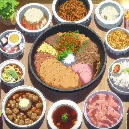 high-quality 4k hd anime screencap in mnst artstyle from above of a plate filled with food