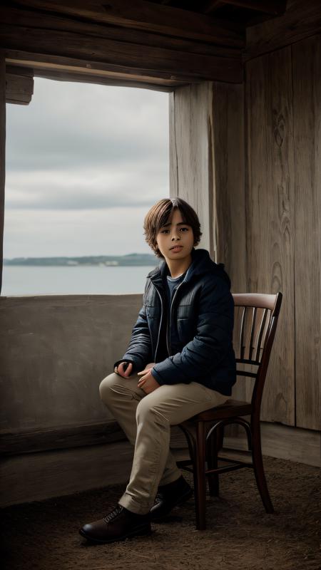 solitude, a person sitting on a chair alone mediating in a dark empty room, dark and mysterious ambience, dressed in normal clothes, detailed background, highly detailed face, extremely detailed, high quality, best quality, looking at viewer, facing camera, whole body, full body in frame