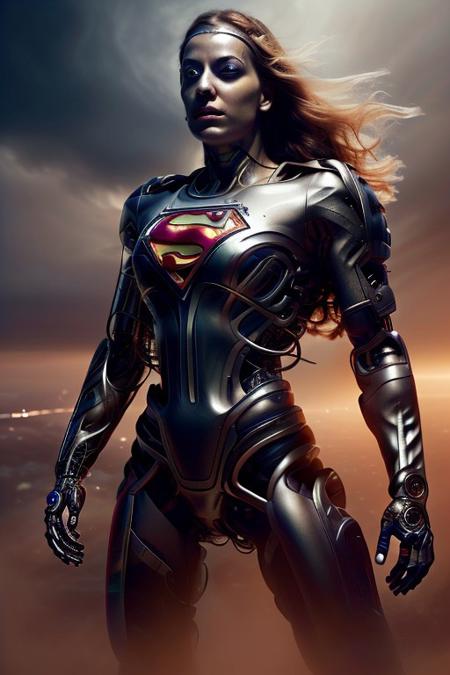 cinematic film still silverpulse, cyborg supergirl, 'S' Logo on chest, red cape, simple background, high quality, artistic, vibrant colors, detailed textures. futuristic sleek/glossy silver and blue glow, vibrant colors, detailed textures., Concept art, cyborg, background, vintage, modern, SilverPulse, superman_oc, <lora:SilverPulseMorphXL:0.8>, excellent composition, artistic, highly detail, holy, sunny, dynamic dramatic beautiful full taking . shallow depth of field, vignette, highly detailed, high budget, bokeh, cinemascope, moody, epic, gorgeous, film grain, grainy,