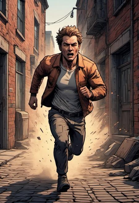 (closeup:1.2) of a man running in a narrow alleyway action scene dutch angle (explosions:1.25) and chaos light dust brick buildings dramatic lighting composed at an oblique angle