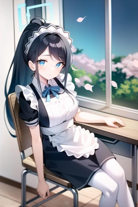 aris(blue archive),1girl,solo,maid, maid outfit, white pantyhose,long hair, black hair, ponytail, mature female, large breast,looking at viewer,halo, sitting, classroom,desk,chair, window,cherry blossoms,  short sleeves,frilled apron, masterpiece, best quality, ultra details 