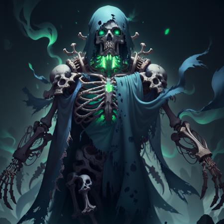 detailed eyes, <lora:WorldofSigmarnighthaunts:1>, worldofsignighthaunts, skeletal, tattered rags, green glowing aura, 1man, screaming, reaching for viewer, long robes, volumetric lighting,