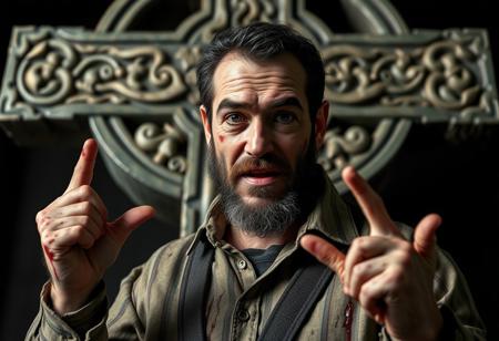 “Posaman, portrayed by Italian actor and comedian Lillo, should be reimagined in a haunting, eerie style while still highlighting his exaggerated, quirky poses. Using Panavision Prime lenses, capture his distinct features—his expressive face, short beard, and casual-yet-confident demeanor—infused with a chilling edge. In the background, a massive Celtic cross looms, casting dark shadows that add an air of mystery and intensity. The lenses should emphasize hyper-realistic textures, with natural yet pallid skin tones, lifelike clothing splattered with unsettling streaks of blood, and detailed facial expressions that hint at a sinister undertone. His exaggerated, almost grotesque poses, framed by the imposing Celtic cross, should blend realism with dark humor, amplifying his macabre comedic style and unsettling authenticity.”