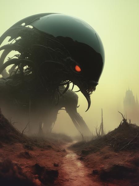 inspired by Stephan Martiniere, hyper realistic and  highly detailed  35mm shot of a horrifying alien landscape with an onyx black sci-fi mega city with bizarre sky high pillared buildings,  faded colors, atmospheric haze and dense fog, shot on polaroid film, movie still,  black, dark, dimmed and dramatic backlight, masterful, bold lines, limited color palette, high contrast, depth of field, bokeh, (intricate details, masterpiece, best quality:1.4), 
 <lora:- SDXL - vntblk_vanta_shapes_V1.0:.6> vntblk,