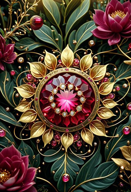 aesthetic, masterpiece, beautiful, elegant, award winning,  absurdres, hdr, best quality, hyper detailed, .35mm photograph, film, bokeh, professional, 4k, 
bloom, radiance from gold leafs, ruby gem at center, leafs, plants spread out from center , dynamic, intricate detail, photo,
swirl, circle. (gem reflex light,:1.3)
 novuschroma12 style