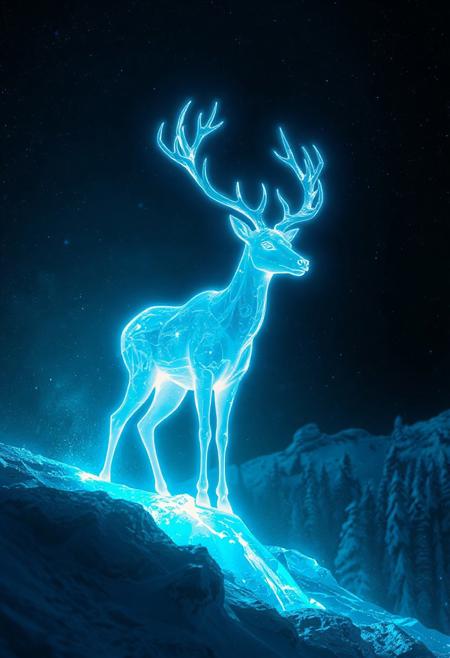 JNANX,luminous white silhouette,cyan glow,emerald highlights,flickering outline,dreamlike movement,rippling colors,drifting embers,infinite black background,psychedelic colors,ethereal,futuristic surrealism,gw,glowing,night,night sky,trippy,
score_9, score_8_up, score_7_up, source_anime, deep colors, high quality, high resolution, detailed, highres, 
fr0stwrld, snow, ice,
ice deer cyb0rg, science fiction, cable, mechanical parts,
mountain forest background,
