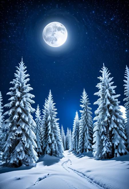 Majestic taiga covered with pristine snow, serene night landscape, countless bright stars twinkling in the clear sky, glowing full moon casting gentle light on the trees, atmospheric depth and tranquility