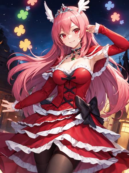 masterpiece, best quality, full_body, looking_at_viewer, large eye, cowboy shot, light smile, open eye,
1girl, <lora:locon_cure_passion_5_v1:0.95>, cure passion, layered skirt, red sleeves, tiara, capelet, pantyhose, brooch, black ribbon, clover ornament, red high heels, 
standing,