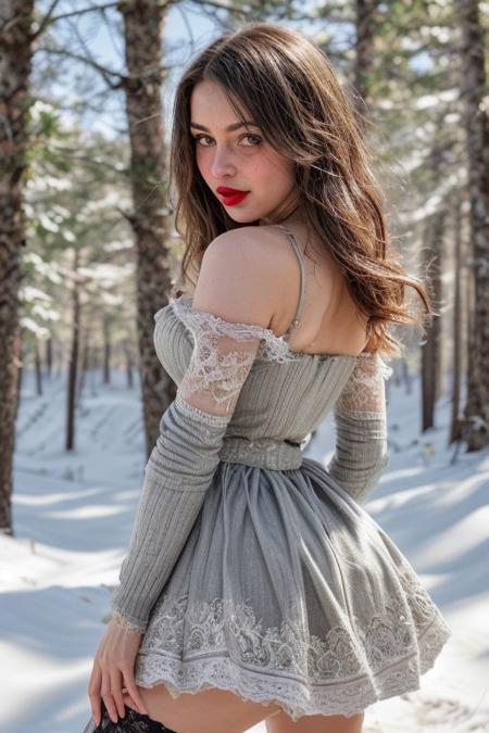 (masterpiece, extreme detail), side view of a cute girl running through a snowed frozen forest,  beautiful and cute, (cute face, pleasing eyes, grimacing mouth, looking away), distressed, pale skin, intricate embroided Lapland traditional long dress, furs, dress opens at the side and shows white stockings, dress falls from one shoulder, no bra, deep cleavage,  garters and knee high boots laced up front, deep red lips and pale grey eyes, highly detailed <lora:lora-sdxl-perfect-eyes:0.6> (light grey eyes) <lora:PerfectEyesXL:0.5> (round Iris)