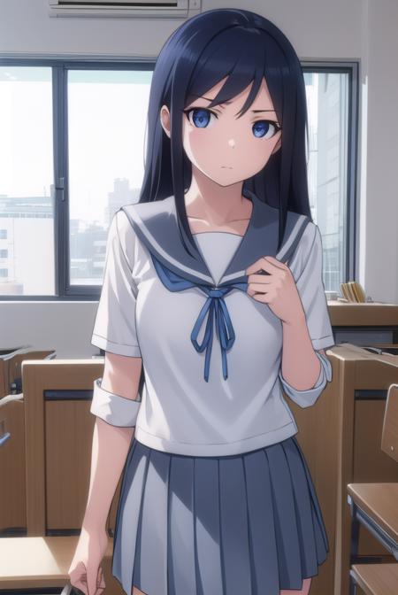 ayasearagaki, <lora:ayase aragaki s2-lora-nochekaiser:1>,
ayase aragaki, long hair, blue eyes, black hair, hair between eyes,
BREAK skirt, school uniform, serafuku, shirt, white shirt, grey sailor collar, grey skirt, pleated skirt,
BREAK indoors, classroom,
BREAK looking at viewer, (cowboy shot:1.5),
BREAK <lyco:GoodHands-beta2:1>, (masterpiece:1.2), best quality, high resolution, unity 8k wallpaper, (illustration:0.8), (beautiful detailed eyes:1.6), extremely detailed face, perfect lighting, extremely detailed CG, (perfect hands, perfect anatomy),