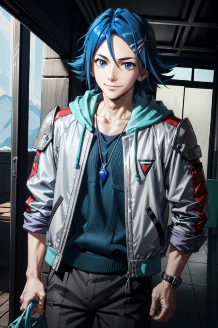 hayate immelmann\(macross delta\), solo, 1boy, looking at viewer, male focus, portrait, blue eyes, blue hair, short hair, hair behind ear, smile, white jacket, purple pendant, black pants, aqua hood, aqua hoodie, <lora:Hayate_Immelmann_No_commercial_use_is_allowed_LoRA:0.6>