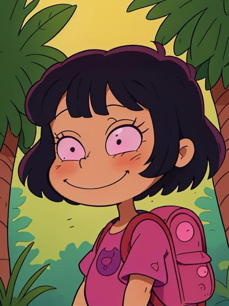 <lora:Rugrats+AGU-22:0.51> 
1girl, solo, 8yo mexican girl, Dora the explorer, short black hair, bushy shag cut hairstyle, pink tshirt, light purple backpack, large eyes, round cheeks, round face, smiling, blush, blushing, dark skin, in the jungle