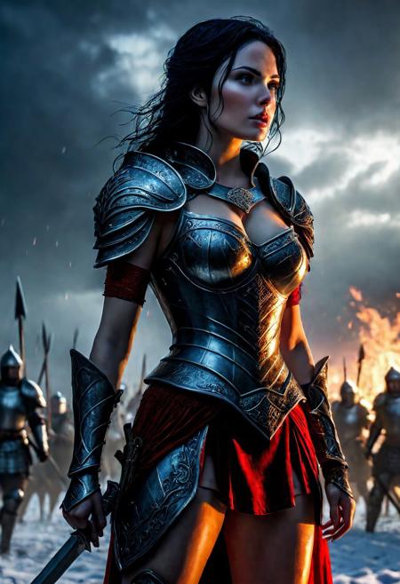 Ultra detailed digital art masterpiece Warrior Snow White girl dressed in a iron Armor and red mini skirt, Standing on a battlefield at the head of an army of knights, where a bloody slaughter is taking place, standing in battle pose, a dark epic fantasy, perfect lighting, beautiful Warrior Snow White girl, attractive woman, elegant, beautiful woman of athletic body,  epic shot of the whole Warrior Snow White girl, unreal engine 5 nanite quality, dark fantasy, dark environment, very stormy day, LOTR style, dark washed out eyeliner, no make up, natural bloody pale face, realistic blue eyes, ultra detailed atmospheric details, beautiful glowing effects, sparkle effects, realistic body proportions, beautiful face proportions, complex masterpiece, wavy raven black hair, creative glowing detailed tattoos, complex physics, enhanced colors, complimentary colors, ultra detailed raytracing reflections, Ultra detailed complex background, environment feels alive, direct eye contact, dramatic lighting, wet and sweaty skin, beautiful firm Breasts, Daylight, Concept art by Greg Rutkowski, adding to the intense and dynamic atmosphere of the scene.