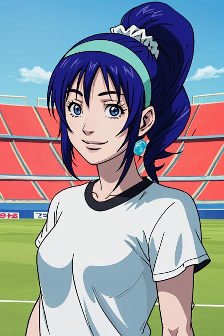 1girl, Teruhashi, blue eyes, blue hair, white shirt, hairband, long hair, ponytail, smile, upper body, <lora:Teruhashiv3-000006:0.8>, sport field