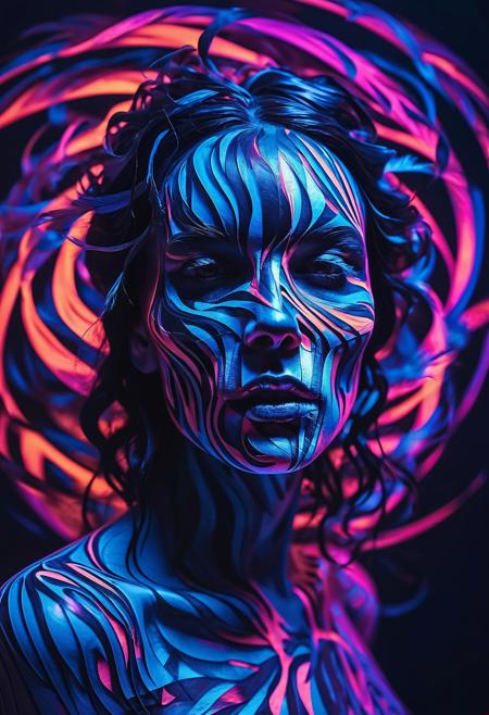 raw photo, the skull is distorted by the twists and turns of a woman with dark hair, in the style of neon impressionism, spiral vortex patterns, dark blue and light black, photoillustration, made of feathers, expressive light and shadow, expressionist emotiveness