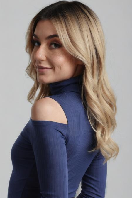 Photo of d3m1h4wk5 woman, detailed face freckless side view, blue turtleneck blouse