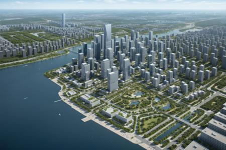 ((Best quality)),((masterpiece)),((realistic)),aerial view of the modern city,clear blue sky,