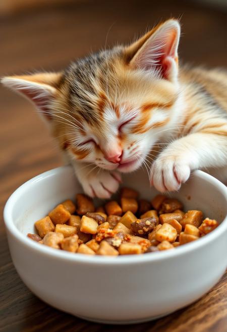 A cute kitten falling asleep into food bowl while eating
