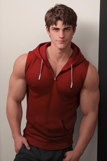 photo of sc_brandon <lora:sc_brandon_cleancut-08:0.75> posing in a sleeveless red hoodie in front of a white wall, simple background, hands in pockets, bold confident demeanor, studio lighting, shallow depth of field, strong assertive pose, (watch:0.5), Anime, Fantasy, ultra quality, elegant, highly detailed