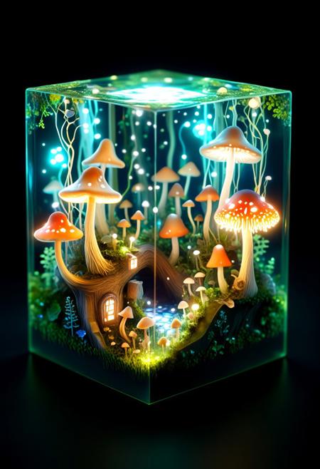 masterpiece, best quality,M1CR0CUB3D A magical forest microworld contained within a cube, glowing mushrooms, whimsical creatures, fairytale atmosphere, soft light.