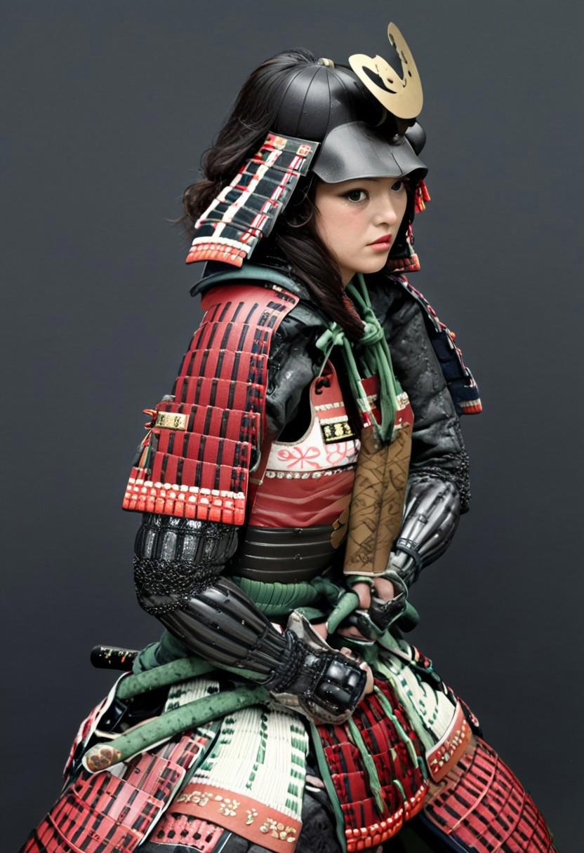 <lora:Ars_Niji_Style_SDXL:1> ArsNijiStyle, samurai battle, The image is an illustration of a woman dressed in traditional Japanese clothing. The woman is wearing a white dress with a green belt and a red scarf around her waist. She has long dark hair that is styled in loose waves and is looking off to the side with a serious expression on her face. The background is a red circle with Japanese characters written in black. The overall style of the illustration is reminiscent of a samurai or samurai warrior., 1girl,weapon, sword, breasts, armor, facial hair, black hair, stubble, japanese clothes