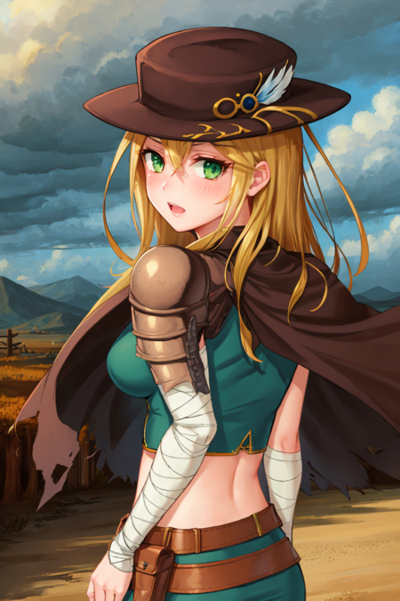 (highly detailed:1.3), 
warriorlady, looking at viewer, blush, open mouth, shirt, hair between eyes, medium breasts, upper body, midriff, belt, looking back, armor, crop top, black headwear, shoulder armor, pouch, bandaged arm, green shirt, brown belt, scenery, 
Ultra-detail,(highres:1.1),best quality,(masterpiece:1.3),specular lighting,
(highly detailed face and eyes:0.6), <lora:warriorlady-12:0.9>