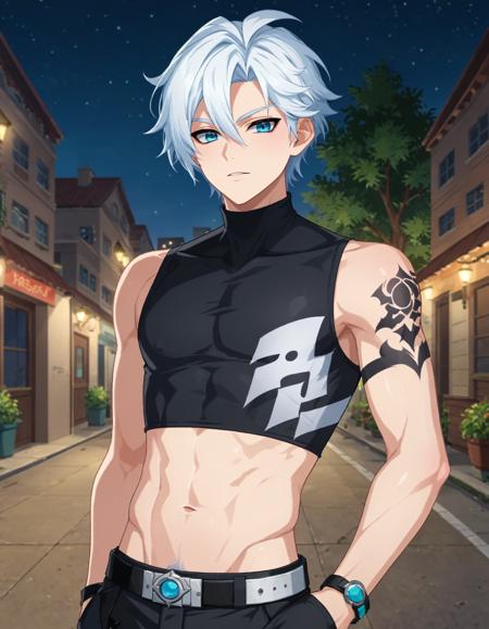 white hair, blue eyes, short hair, hair between eyes, bangs, arm tattoo, black tattoo, 