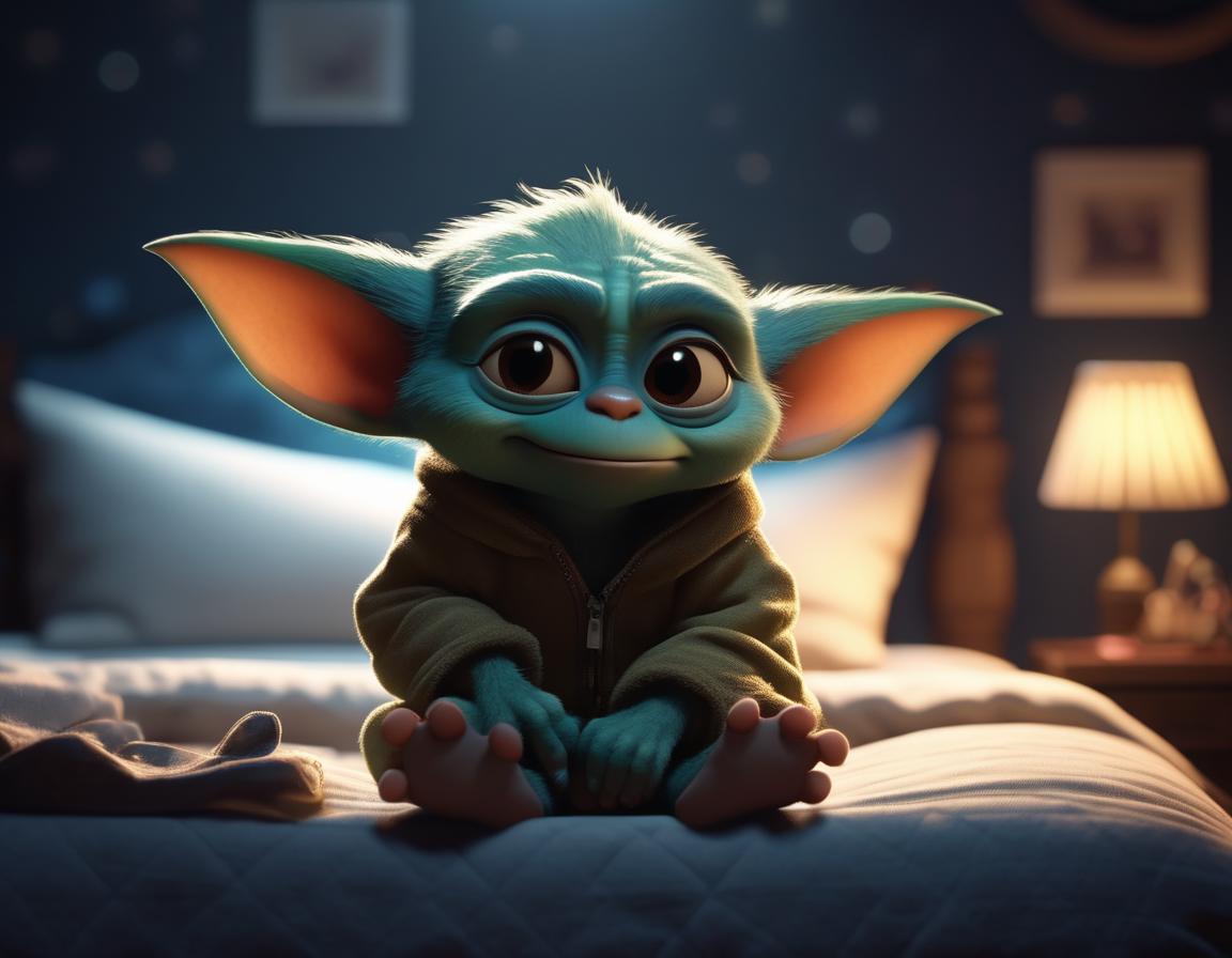 little cute gremlin sitting on a bed at night thinking about the world, cinematic, muted colors, faded, by pixar and dreamworks