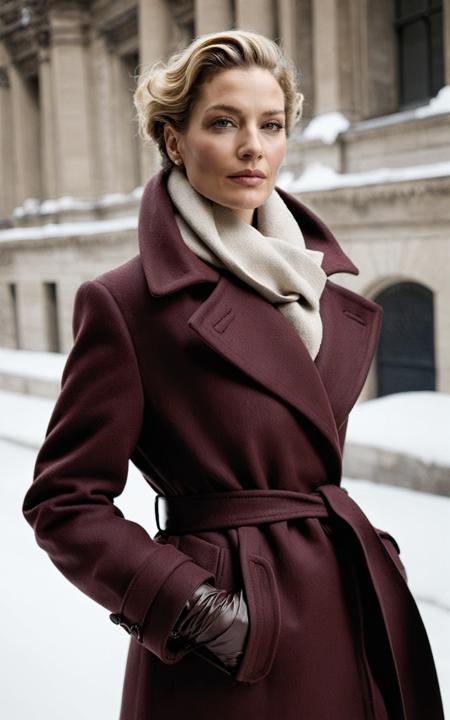 (style of Annie Leibovitz), [winter:high-fashion:0.7] setting, a model striking an elegant pose amidst a snowy urban landscape, featuring a luxurious wool coat, tailored to perfection with a cinched waist and exaggerated lapels, rich burgundy color, texture visible, complemented by a cashmere scarf in a soft, contrasting hue, draped effortlessly around the neck, knee-high suede boots in a deep espresso, a touch of sophistication, delicate leather gloves adorning her hands, a subtle nod to classic elegance, softly curled hair tumbling over her shoulders, makeup natural with a hint of rosiness on cheeks and lips, capturing the essence of winter warmth and style, snowflakes gently falling around, creating a serene, almost magical atmosphere, soft golden hour light casting a warm glow, highlighting the intricate details of the coat, the backdrop a blend of historic architecture and modern elements, creating a juxtaposition of timelessness and contemporary fashion, her expression serene and confident, embodying the spirit of a modern, stylish winter.