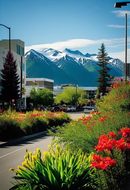 ()Hyoer Realistic:2.0)Polaroid picture of 
 image of Downtown Anchorage, Alaska, where the effects of climate change have transformed the city into a lush, tropical paradise. The once-frozen landscape is now teeming with vibrant, tropical plants and flowers, and the air is warm and humid.
In the background, the majestic Chugach Mountains from Chugach State Park rise up, their peaks still capped with snow, but now surrounded by a halo of tropical greenery. The city's buildings and streets are adapted to the new climate, with palm trees and colorful flowers lining the sidewalks.
Capture the surreal, futuristic atmosphere of this scene, where the harsh, subarctic environment of Anchorage has given way to a vibrant, tropical oasis