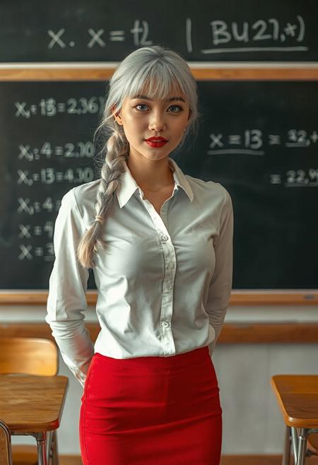 photorealistic eyes, realistic skin texture, 
detailed, hyper-detailed,  intricate details, detailed skin, blonde Chinese woman, 
 <lora:train_insta_dataset_lora_bsy_SDXLB_03:1> realistic, photorealistic, 1woman, solo, school teacher, beautiful Chinese teacher, full round lips:0.9, glossy red lipsticks:2.2, lips slightly parted, very_long_hair,  long hair, white blonde hair, blonde_hair, bangs and low loose braid, medium perky breasts, medium full round breasts,  looking_at_viewer, blue_eyes, thin white button down shirt, red pencil skirt, standing in front of blackboard, (math equations on blackboard, equation is “x = BUZZ PLEASE”:1.5), collarbone, thighs, pantyhose, cowboy_shot:0.8, collared_shirt, indoors, miniskirt, dress_shirt, buttons, expressionless, chair, hair_over_shoulder, red_skirt, forehead, desk, sleeves_rolled_up, pleated_skirt, high-waist_skirt, contrapposto, shirt_tucked_in, arms_at_sides, nose, realistic, classroom, school_desk, shirt partially unbuttoned and open:1.2, chalkboard, bra_visible_through_clothes, school, sleeves_pushed_up, asian, photorealistic