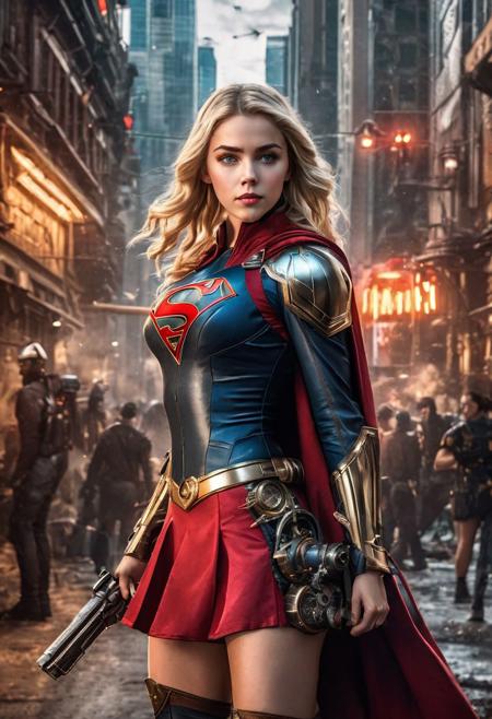 Beautiful Supergirl, fighting and bloody, realistic photo, full body close-up, fighting on the dark street Metropolis, epic destruction of the city, abs showcased through a torn combat costume, ultra fine details, 8k resolution, dramatic lighting, high contrast shadows casting over his iconic "S" emblem, capturing the intensity of the moment, cinematic quality. Kiernan Shipka, realistic blue eyes, wavy blonde hair, hyperdetailed vibrant color, complex, portrait, Intricately Designed combat costume and (red mini skirt: 1.5), 8k resolution concept art, superheroine charming, portrait by Greg Rutkowski, Artgerm, WLOP, Alphonse Mucha, perfect composition, beautiful detailed intricate, perfect big eyes, detailed octane render, digital painting, pixiv contest winner, steampunk, official art, anime, official art, character design, trending on artstation, high quality model, best quality, high quality, highly detailed, 8k, best quality, high quality, highres, detail enhancement, 8k, hdr, sharp focus, ultra detailed, perfect lighting
