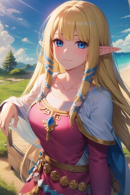 zelda skyward sword, blonde hair, blue eyes, long hair, pointy ears, sidelocks, elf, bangs, blunt bangs, ribbons, hair ribbons, belt, cape, dress, long sleeves, (pink dress:1.2), (white cape:1.2),