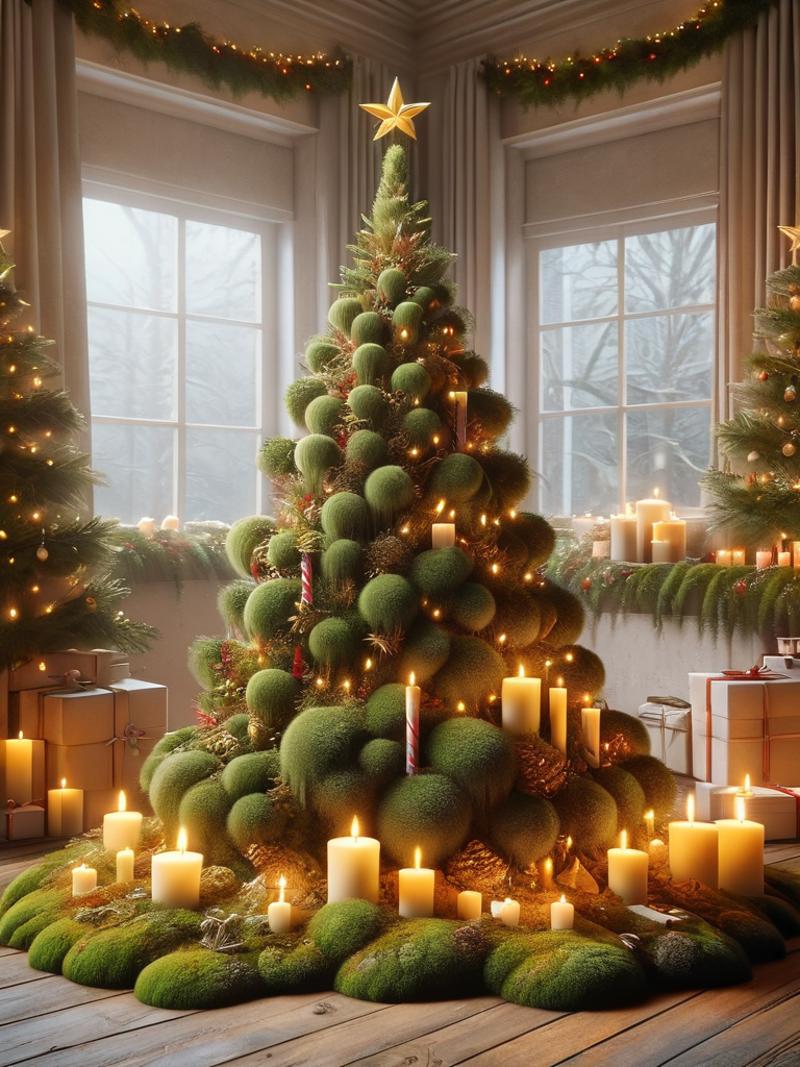 A Christmas tree with a green and white color scheme and small candles.