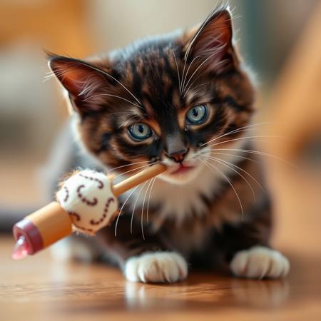 high quality, a cat playing with wand toy