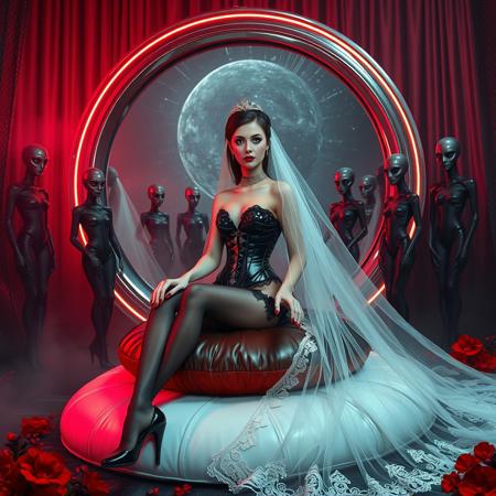 tall slender elegant slavic  bride  sit  at weird giant round mirror  pillow under dimension portal to another galaxy , slave  collar, dressed in sexy foil corset, long veil, pefect legs in lace trim stockings and d'orsay high heels, small feets, surrounded by alien fembots  in latex and high heels at background, fishnet curtains, fog, mirrors, hi-tech, sci-fi, scifi, mind control, steel, foil, hypno, romance, poison, lipstick, long hair, heavy makeup, 1950s hairstyle, red nails, long hair, green eyes, sharp cheekbones, ultra thin waist , seductive, feminine, mysterious, alien spaceship, space, radiating, laser, dramatic dark red lighting, darkness, corset, negligee, lace, seduce, alluring, vines, poison red flowers