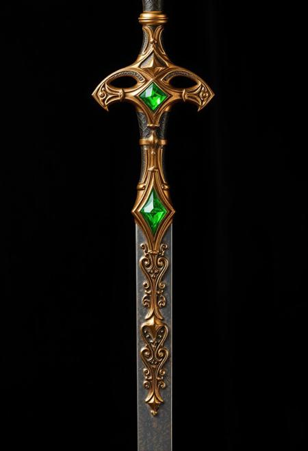 A Highly Detailed Ancient Looking gold Sword With A Single Light green Gem embedded in the hilt