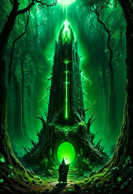 Enter a realm forsaken by the gods, a necrotic wood where the very air reeks of decay and rot. Twisted, gnarled trunks claw at the sanguine sky, their grasping branches like the skeletal fingers of long-dead sorcerers. Mist swirls between the boles, clinging to the earth like a burial shroud.
Shattered monuments to forgotten deities dot the forest floor, their crumbling stones covered in lichen and mold. Bone fragments, bleached white and picked clean, lay scattered among the detritus, mute testimony to unspeakable rites conducted in ages past.
At the heart of this blighted clearing rises a dais of obsidian, polished smooth as if by the touch of a thousand year's worth of worshippers. Upon its altar-top surface, a pulsating organ of indeterminate origin throbs with an eerie, otherworldly beat. Veins of sickly green light race across its surface, converging at a central node that seems to suck the very essence from the surrounding woods.
Before this profane offering kneels a robed figure, cowled and inscrutable.
sci-fi, alien-worlds, eeriness, futuristic, outer-space, science-fiction, alien-themed, extraterrestrial, cosmic, otherworldly, mysterious, 
concept-art, adventure, fantasy, whimsy, dreaminess, digital, illustration, magic, 
beautiful, painterly, textural, artistic, aesthetic, 
intricate details, highly detailed, ultra-detailed, absurdres, vivid, vibrant, volumetric lighting, 
Necron,, electricity, green glow, green theme,, aid291, midjourneyv6.1, ais-particlez