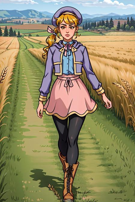 1girl,eleanor,sidelocks,ponytail,blonde hair,ribbon,brown eyes,purple jacket,pink dress,skirt,capelet,neck ribbon,walking,boots,full body,pantyhose,hat,beret,in wheat field,<lora:Eleanor1:0.7>, <lora:LORA-XenoDetailer-v2:0.1>