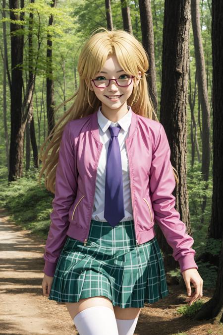 rebeccahawkins, green eyes, blonde hair, long hair, ahoge, bangs, glasses, school uniform, necktie, pink jacket, plaid skirt, skirt, short skirt, zettai ryouiki, smile, walking, forest <lora:rebeccahawkins-000005:1>