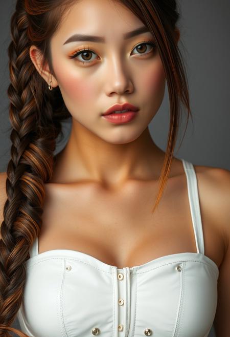 score_9, score_8_up, score_7_up, score_6_up, score_5_up, score_4_up, 1woman, , RAW photo, (freckles:0.8), long braided top ponytail, Brunette hair with orange tips, medium close-up shot front view, White  latex corset (busty 44d:1.5), extremely detailed, beautiful detailed neon orange speckled eyes, full lips, almond skin, neutral expression, neutral gray background, studio lighting , in the style of (kyuYong Eom:1.0)