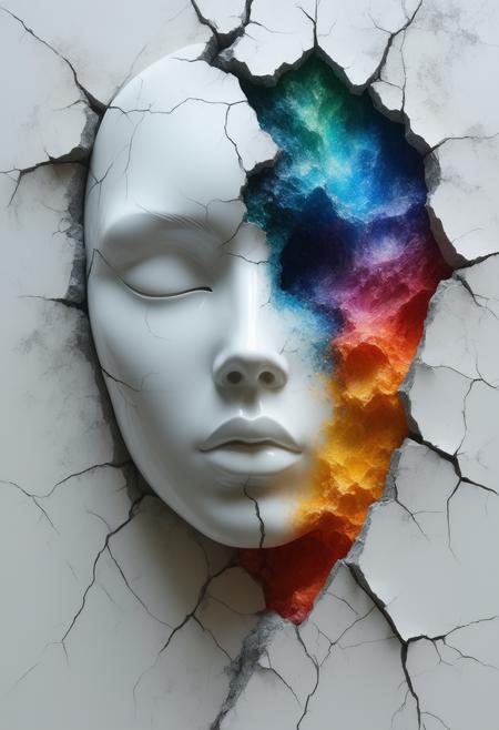A surreal and evocative image depicting a flawless porcelain mask subtly cracking and fracturing, revealing glimpses of vibrant, swirling colors beneath. The lighting is soft and diffused, highlighting the delicate balance between fragility and hidden vibrancy. The background is a deep, velvety black, emphasizing the stark contrast and sense of mystery. Photorealistic, cinematic lighting, 8k resolution, octane render, volumetric light, inspired by the works of Renï¿½ Magritte and Salvador Dalï¿½, surrealism, beauty, detail, dramatic composition, sense of mystery.