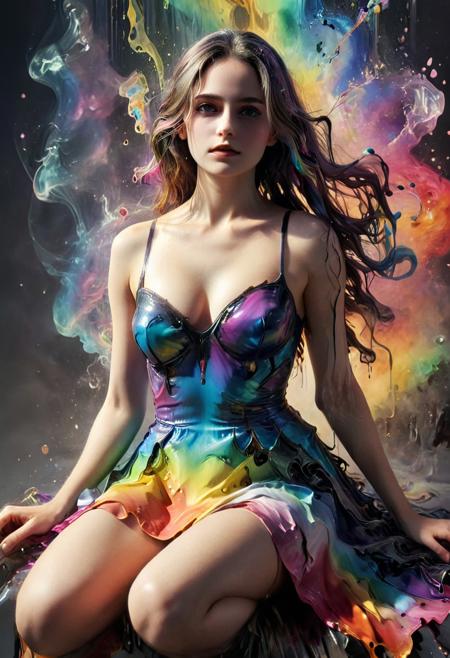 Score_9, score_8_up, score_7_up, DonM5h4d0wM317XL, solo, 1girl, mature, (cute face), ( full  body), masterpiece, (detailed_eye_model:0.7), nose, long hair, parted lisps, (melted:1.2), rainbow hue, cleavage, small breasts, small waist, (dress), cyber, organic, sitting