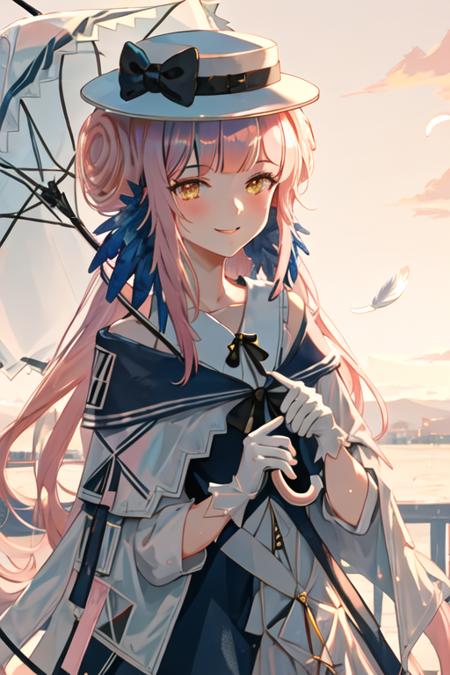 best quality, masterpiece, highres, solo, {ceylon_arknights:1.15}, long_hair, bangs, pink_hair, feather_hair, feathers, hat, white_headwear, yellow_eyes, blue_feathers, bow, hair_bun, hat_bow, smile, black_bow, upper_body, 1girl, gloves, holding, holding_umbrella, looking_at_viewer, umbrella, white_gloves, outdoors, dress, parted_lips, sky, blunt_bangs