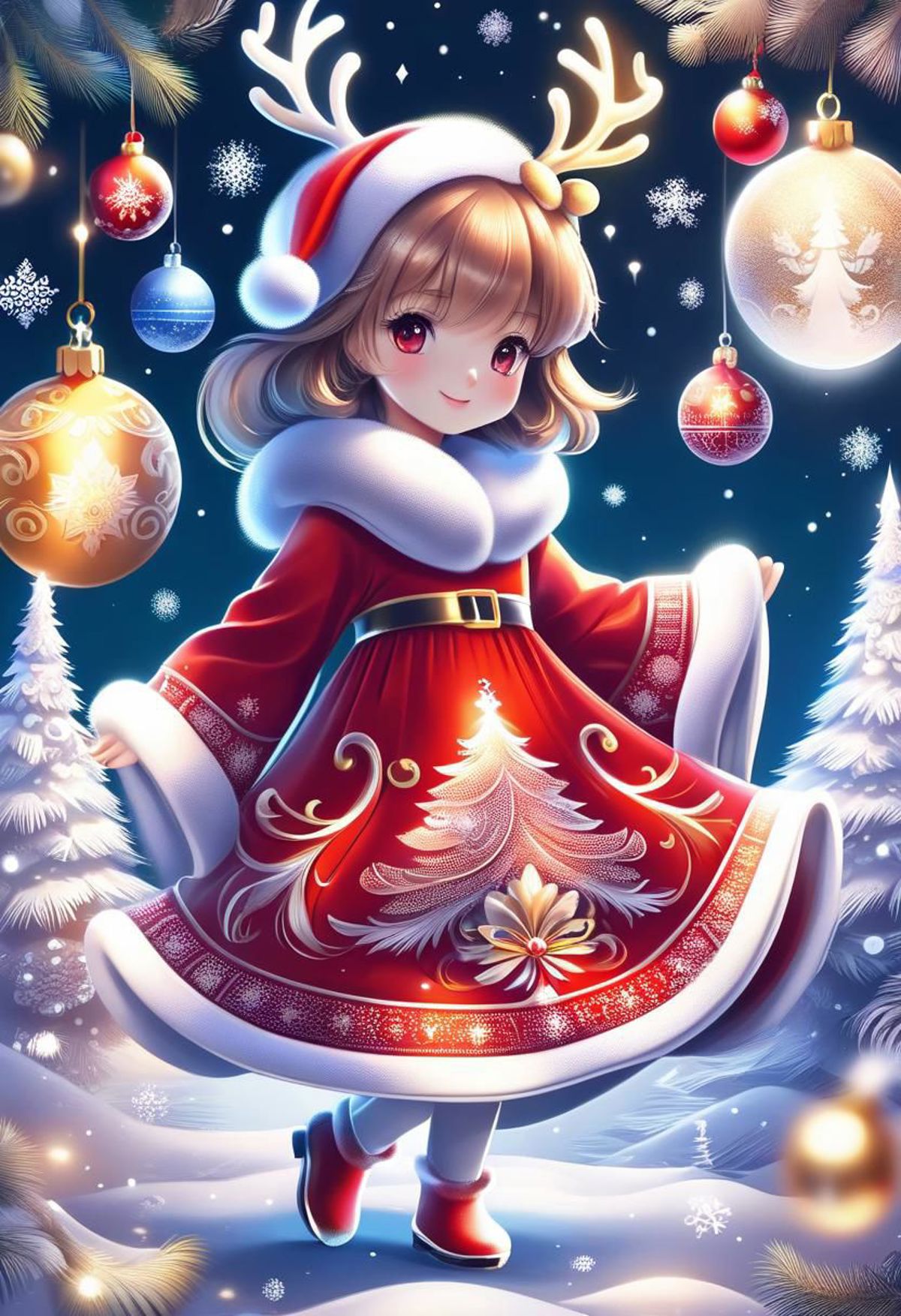 Wintery Christmas Scene with a Snowflake Dressed Girl.