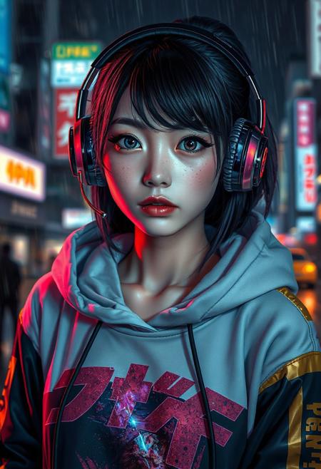 A 4K photorealistic picture of a Half-Japanese female hacker. More Caucasian with freckled nose and cheeks. Teal lipstick. Aged 28. Cyberpunk clothing. Hi tech chrome and carbon fibre one eared headset. Bold graphic styled Hoodie with Japanese lettering down a sleeve and a bold golden stripe down each sleeve   The girls eye pupils have swirling Galaxy of stars and specks floating in a nebula pattern   Posed in front of a Rainy city at nite