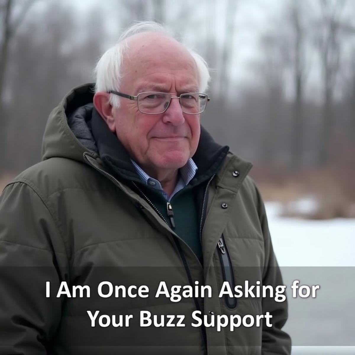 Bernie Sanders in a parka looking at the viewer, standing outside, text at the bottom thats "I Am Once Again Asking for Your Buzz Support", there is a sparse layer of snow on the ground, Bernie Sanders is bald and wears thin glasses