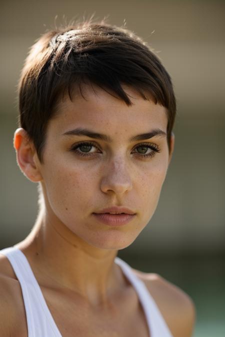 PA7_Portrait-MS, woman, striking facial features, short hair, wearing sport closhes